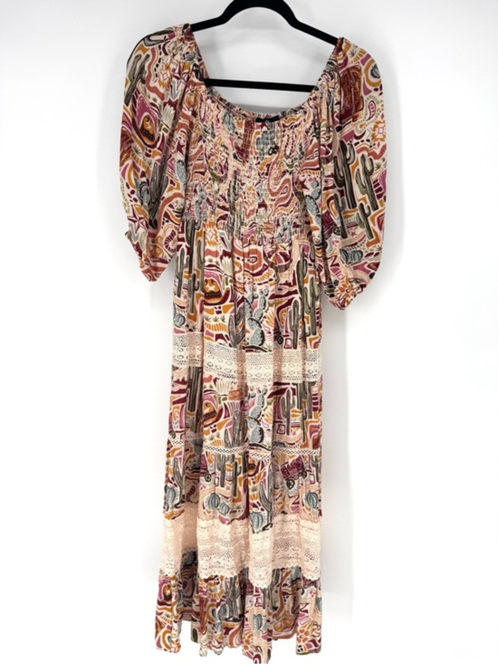 Angie corky retro whimsy western Bohemian Smocked Maxi Dress